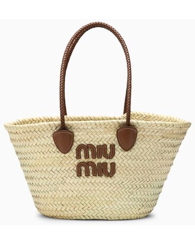 Miu Miu Borsa a spalla beige in paglia con logo - Metallizzato