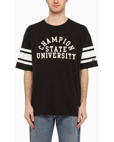 Champion T-shirt nera/bianca in cotone con ricamo logo - Nero