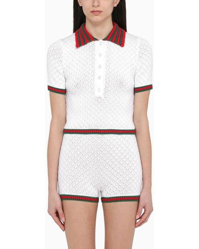 Gucci Lace And Cotton Polo Shirt With Web Detail - White