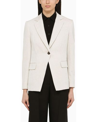 Brunello Cucinelli Chalk Coloured Single Breasted Jacket In Linen And Cotton - White
