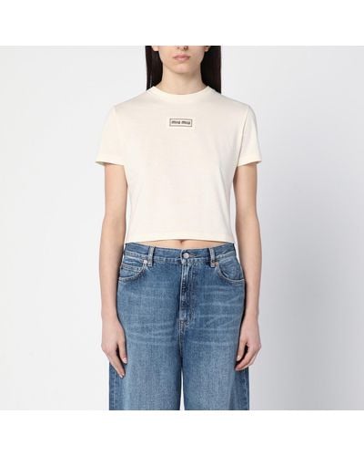 Miu Miu T-shirt Cropped Beige In Cotton With Logo - Blue