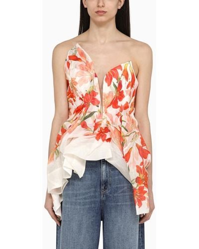 Zimmermann Tranquility Draped Bodice With Floral Print In Linen And Silk - Red