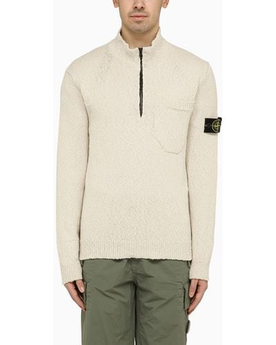 Stone Island Ivory Cotton And Linen Turtleneck Pullover - Natural
