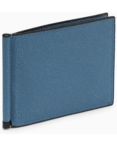 Valextra Light Blue Grey Grip Wallet In Grained Leather