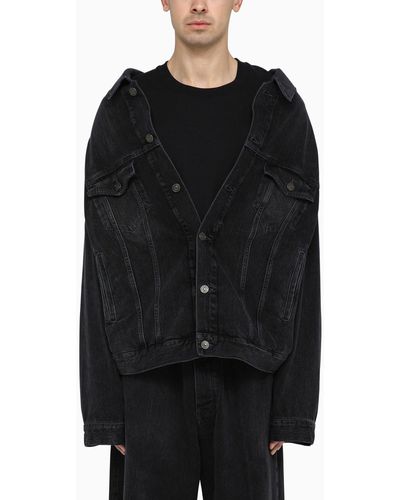 Balenciaga Off Shoulder Dark Denim Jacket - Black