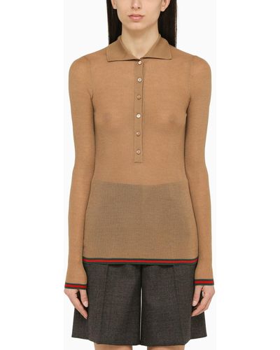 Gucci Camel Cashmere Long-sleeved Polo Shirt - Brown