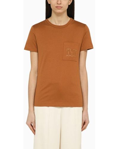 Max Mara T-shirt color cuoio in cotone con logo - Marrone