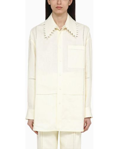 Bottega Veneta Pastry-colou Linen Shirt With Notched Collar - White