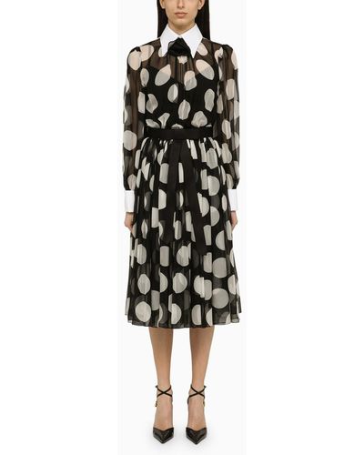 Dolce & Gabbana Longuette Dress With Polka Dots In Silk Chiffon - Black
