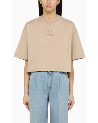 Miu Miu T-shirt cropped beige in cotone con logo - Blu