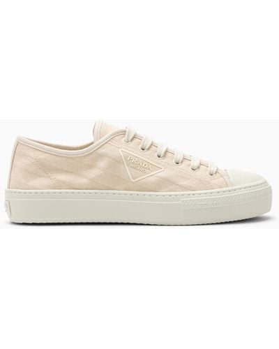 Prada Ivory Fabric Trainer With Logo Embroidery - Natural