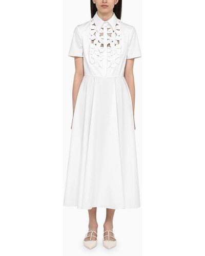 Valentino Cotton Midi Chemisier Dress With Flower Embroidery - White