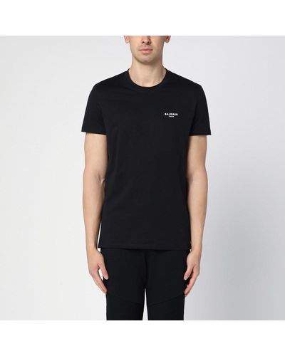 Balmain T-shirt girocollo nera in cotone con logo - Nero