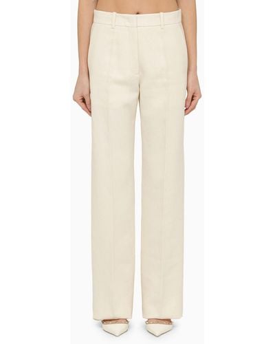 Valentino Ivory Straight Trousers In Wool And Silk - Natural
