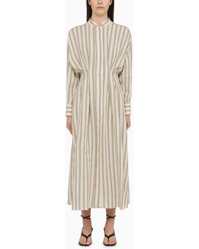 Max Mara Long Striped Linen Chemisier Dress - Natural