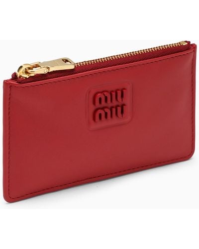 Miu Miu Leather Card Holder With Logo - Red