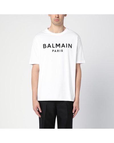 Balmain T-shirt girocollo bianca in cotone con logo - Bianco