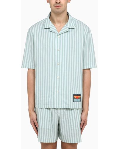Maison Kitsuné Short-sleeved Striped Cotton Shirt - Blue