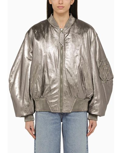 The Attico Anya Silver Leather Bomber Jacket - Brown