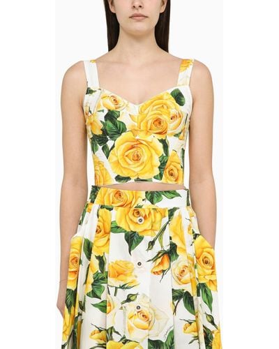 Dolce & Gabbana Rose Print Bustier Top In Cotton - Yellow