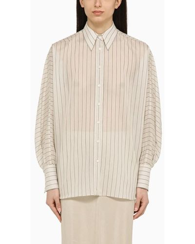 Brunello Cucinelli Camicia a righe beige/bianca/nera in cotone e seta - Neutro