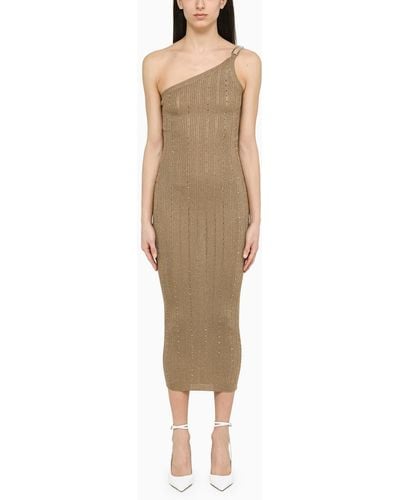 Alessandra Rich Gold One Shoulder Dress With Rhinestones - Natural