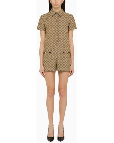 Gucci Short Jumpsuit In Camel gg Supreme Fabric - Natural