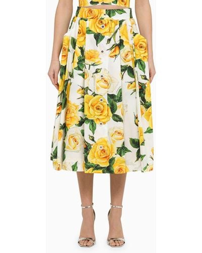 Dolce & Gabbana Rose Print Cotton Pencil Skirt - Yellow