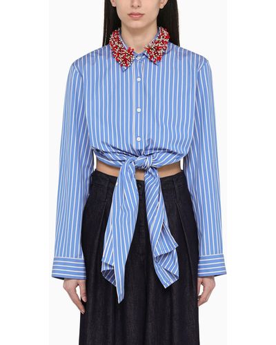 Dries Van Noten Blue Striped Shirt With Beaded Collar