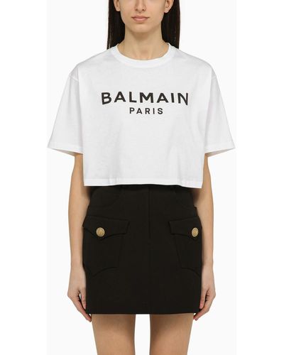 Balmain White Cotton Cropped T Shirt With Logo