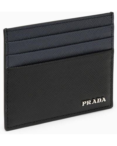 Prada Card Holder In Saffiano Blue/ - Black