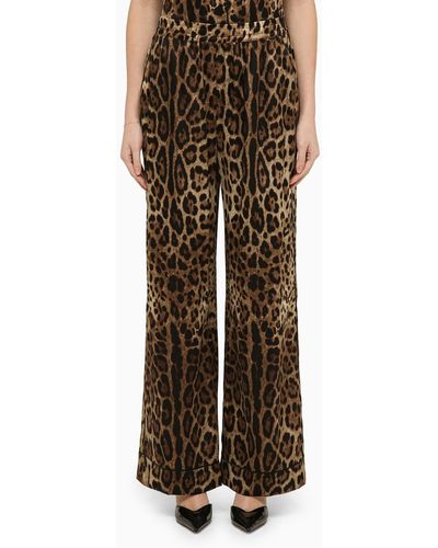 Dolce & Gabbana Leopard Print Trousers In Silk Satin - Brown