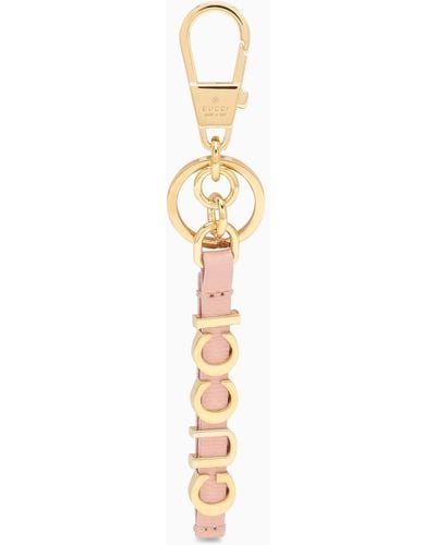 Gucci Pink And Gold Leather Keyring With Logo - Metallic