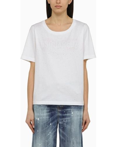DSquared² T-shirt girocollo bianca in cotone con logo - Bianco