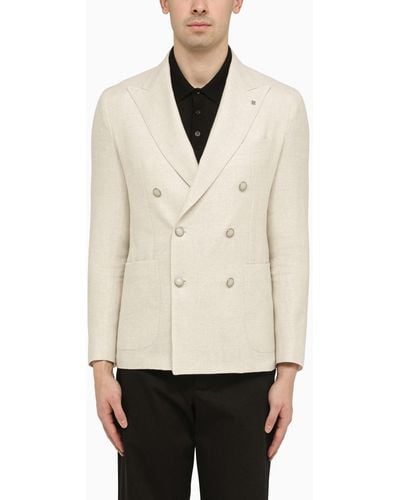 Tagliatore Cream Double Breasted Jacket In Wool And Linen - Natural