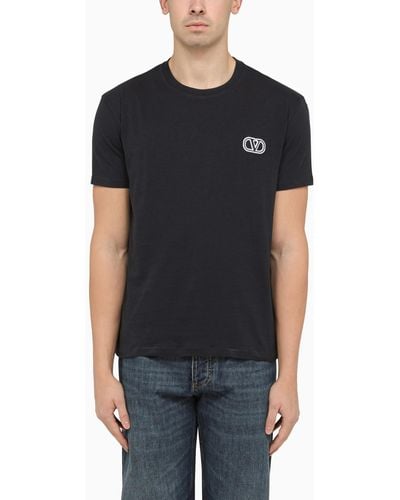 Valentino Crew-neck Navy Cotton T-shirt With Logo - Black