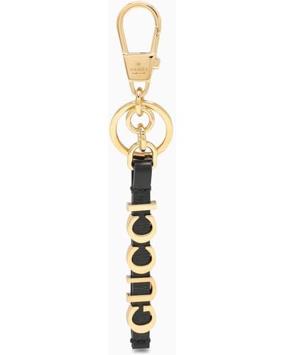 Gucci Black And Gold Leather Keyring With Logo - Metallic