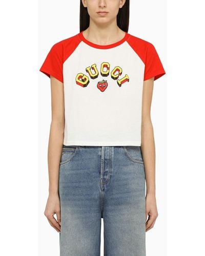 Gucci White/red Crew-neck T-shirt With Logo