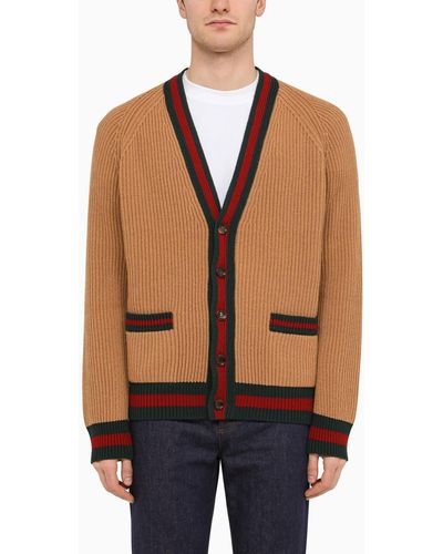 Gucci Camel-coloured Wool Cardigan With Web Ribbon - Natural