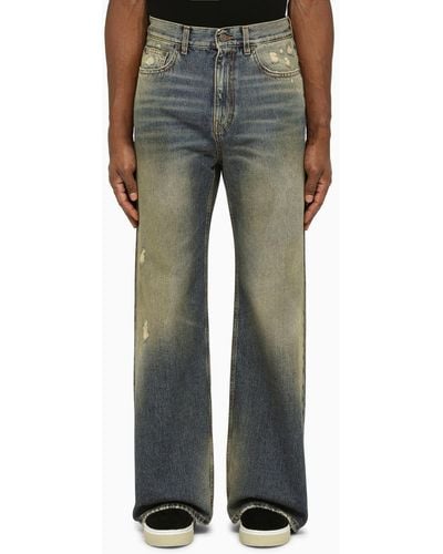 Palm Angels Blue/brown Denim Jeans With Wear - Grey
