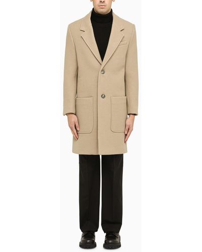 Ami Paris Champagne Single Breasted Wool Coat - Natural