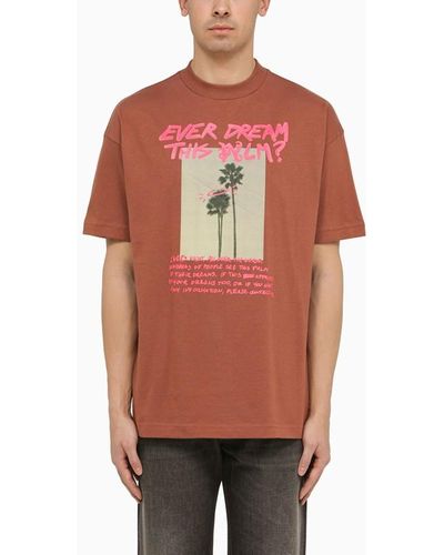 Palm Angels T-shirt color nocciola in cotone con stampa - Rosso