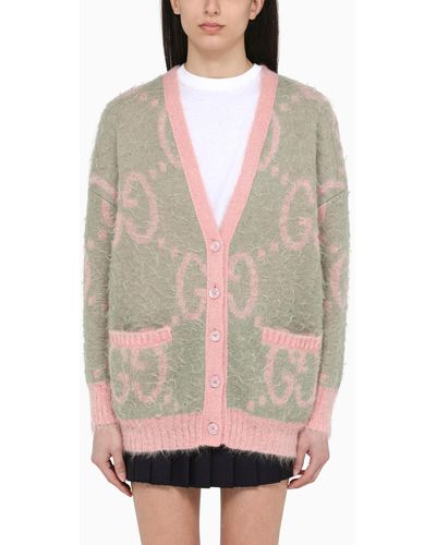 Gucci Reversible Cardigan With gg Inlay Grey/pink