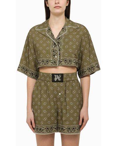 Palm Angels Cropped Shirt With Military Print - Green
