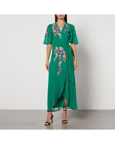 Hope & Ivy Mirai Embroidered Chiffon Wrap Maxi Dress - Green