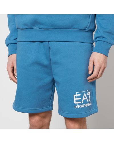 EA7 Visibility Fleece-back Cotton-blend Jersey Shorts - Blue