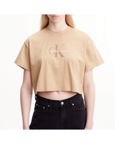 Calvin Klein Cotton-blend Jersey Cropped T-shirt - Natural