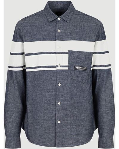 Armani Exchange Colorblocked Stripe Chmbry Denim Shirt - Blue