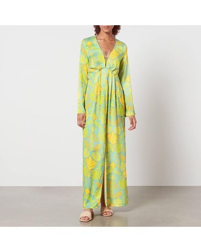 Never Fully Dressed Blue Palm Printed Angie Satin Dress - Yellow