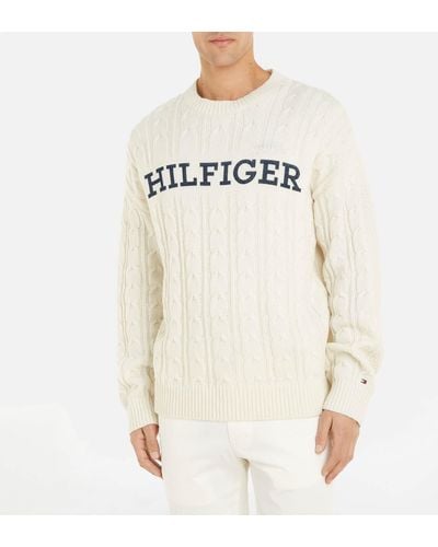 Tommy Hilfiger Monotype Cable-knit Wool-blend Jumper - Natural